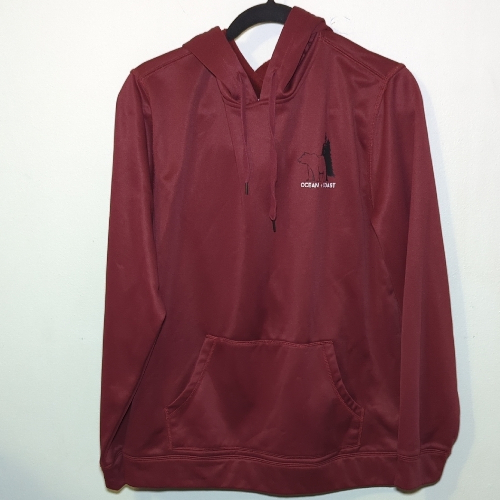 Ocean + Coast Maroon Red Graphic Hoodie w/ Bear + Mountain Stream Men's Size M